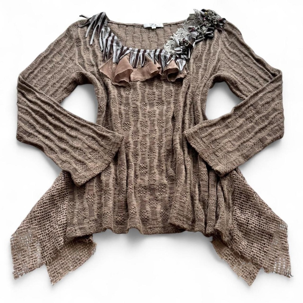 Y2K Brown Zba Ruffle Embroidery Beaded Knit Fairy Top Large